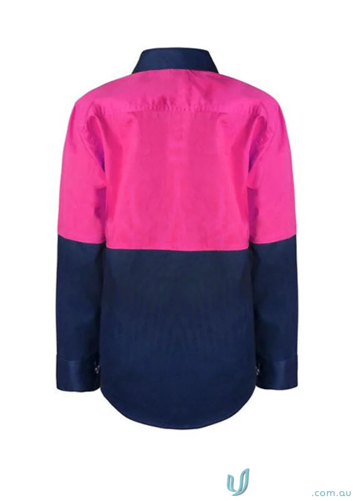 Kids Two Tone LS Shirt in pink and navy with reinforced stress points and cotton drill feel