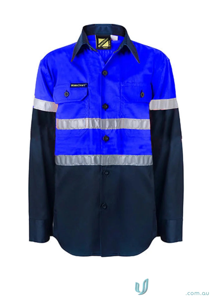 Kids two-tone shirt taped with blue, black fabric and reflective stripes for hi-vis safety