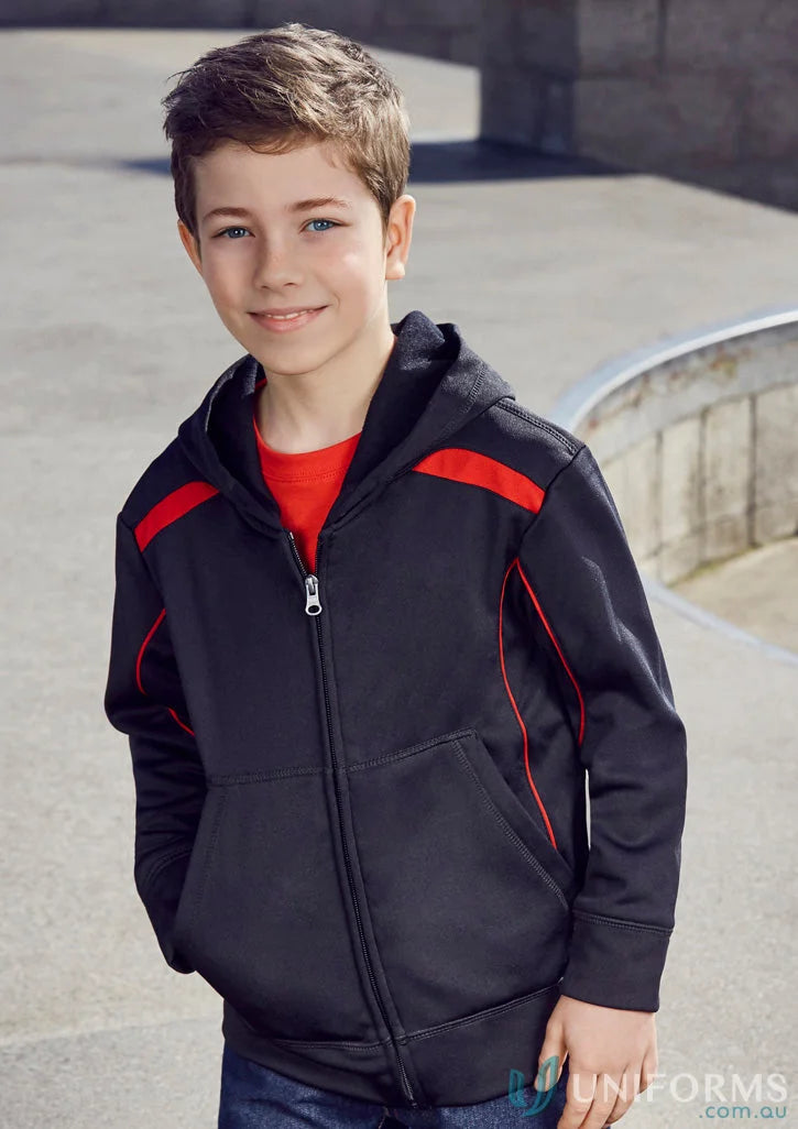Kids United hoodie featuring a black hooded zip-up with stylish red accents