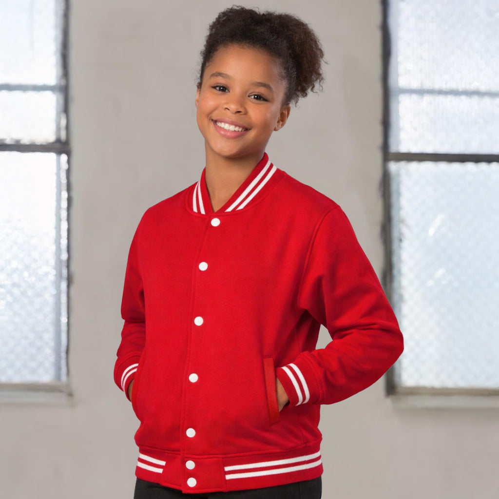 Red spirit kids fleece varsity jacket with white stripes on collar cuffs hem