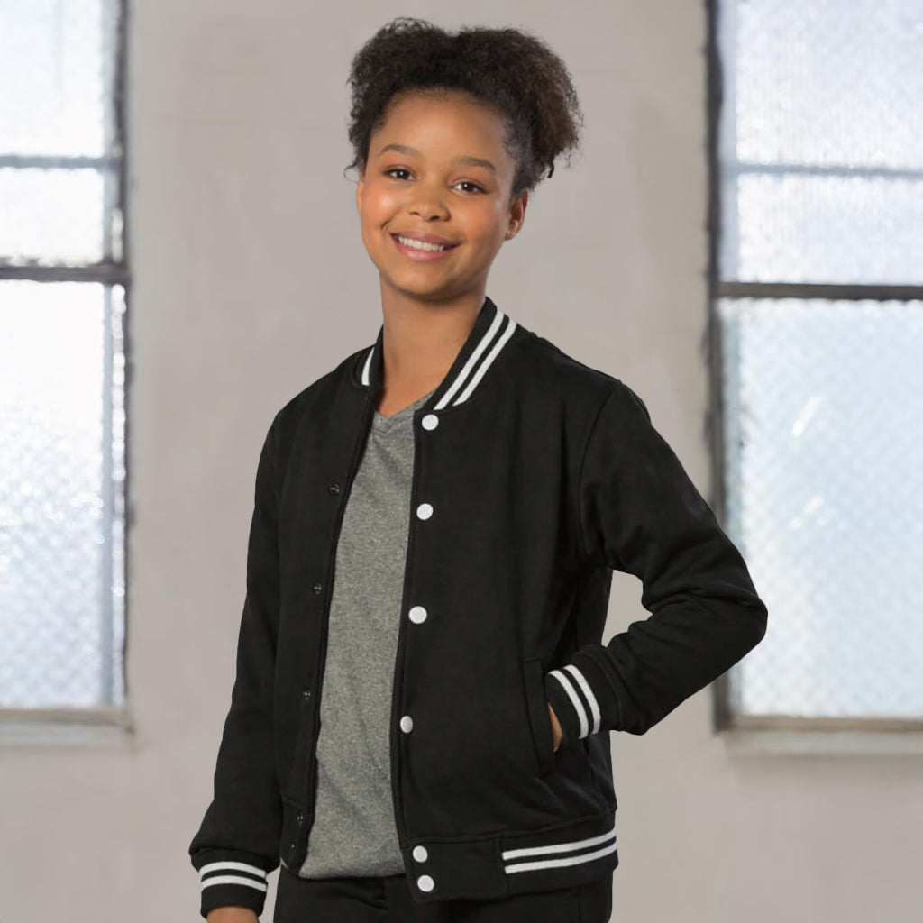 Black fleece varsity jacket with white trim for kids