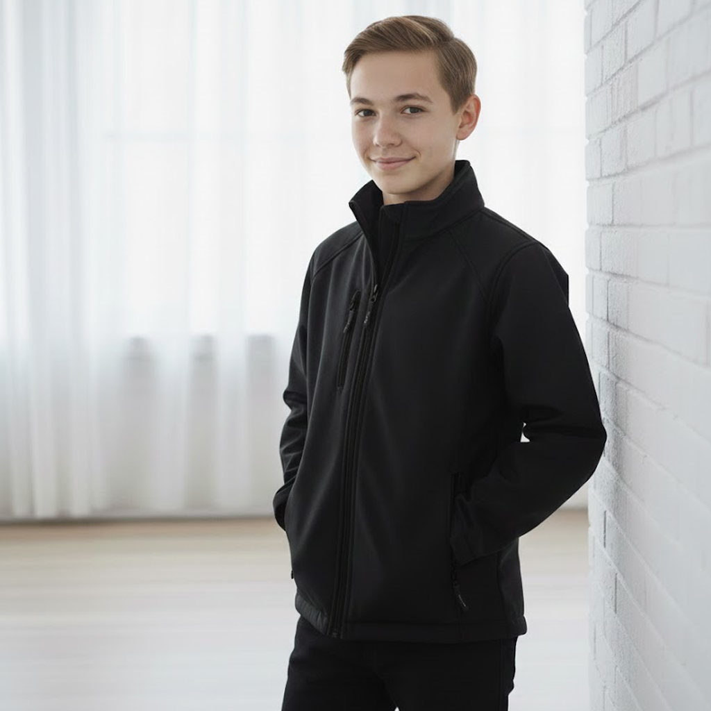 Kids water resistant softshell jacket black with high collar zipper interchangeable zip puller sold separately