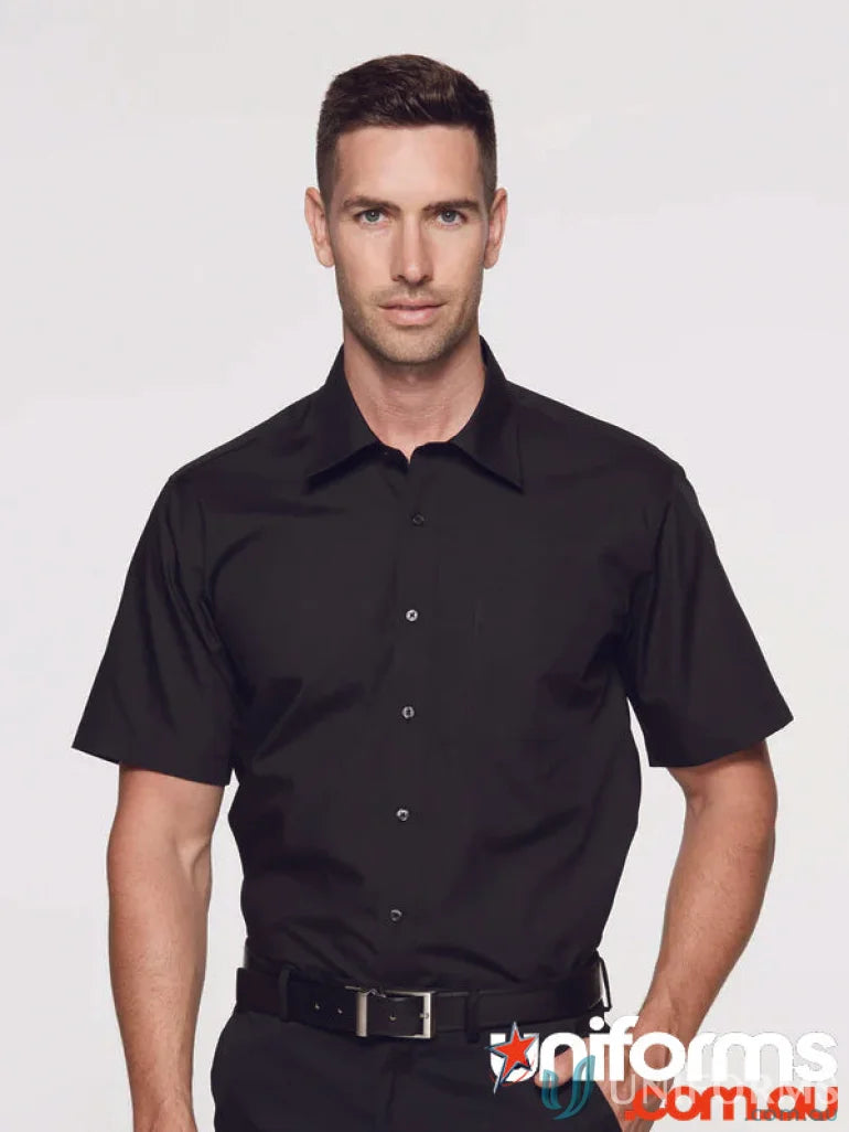 Black short-sleeved button-down shirt from Kingswood LS Shirt collection for uniforms