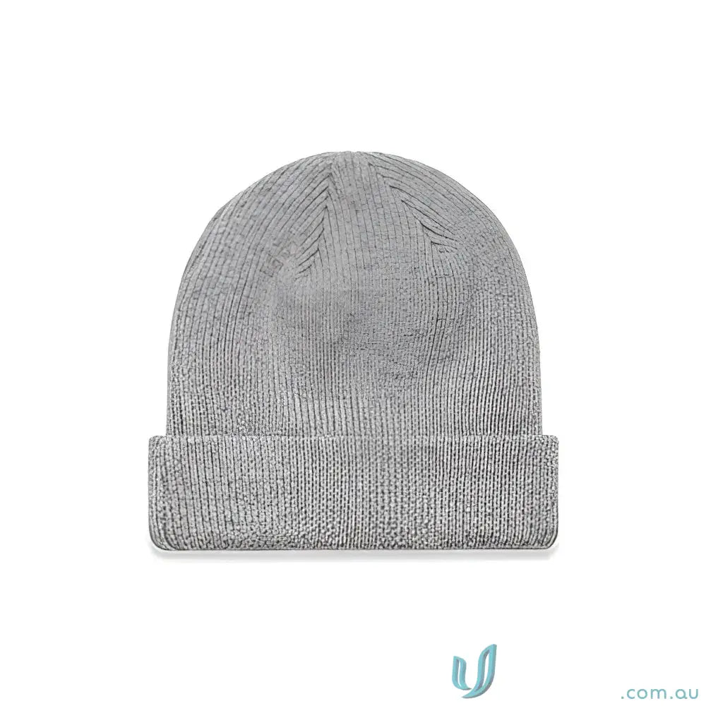 Gray knit beanie with ribbed knit design and longer body for cozy style
