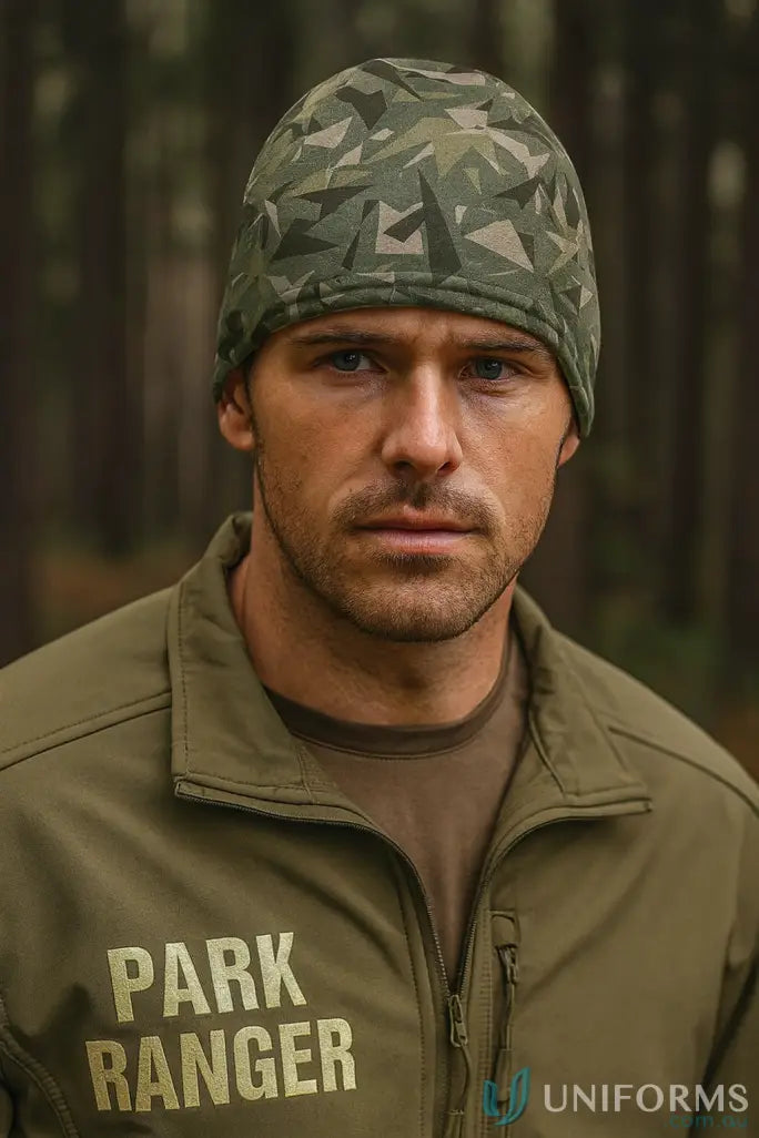 Man wearing green camouflage jbs knitted beanie and PARK RANGER jacket for style