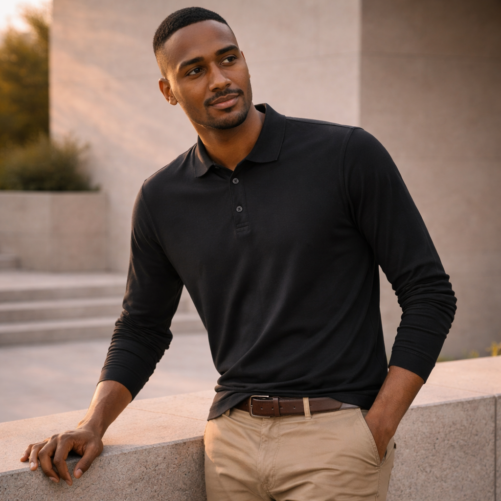 Krue LS Polo black p400ml long sleeve polo with classic collar