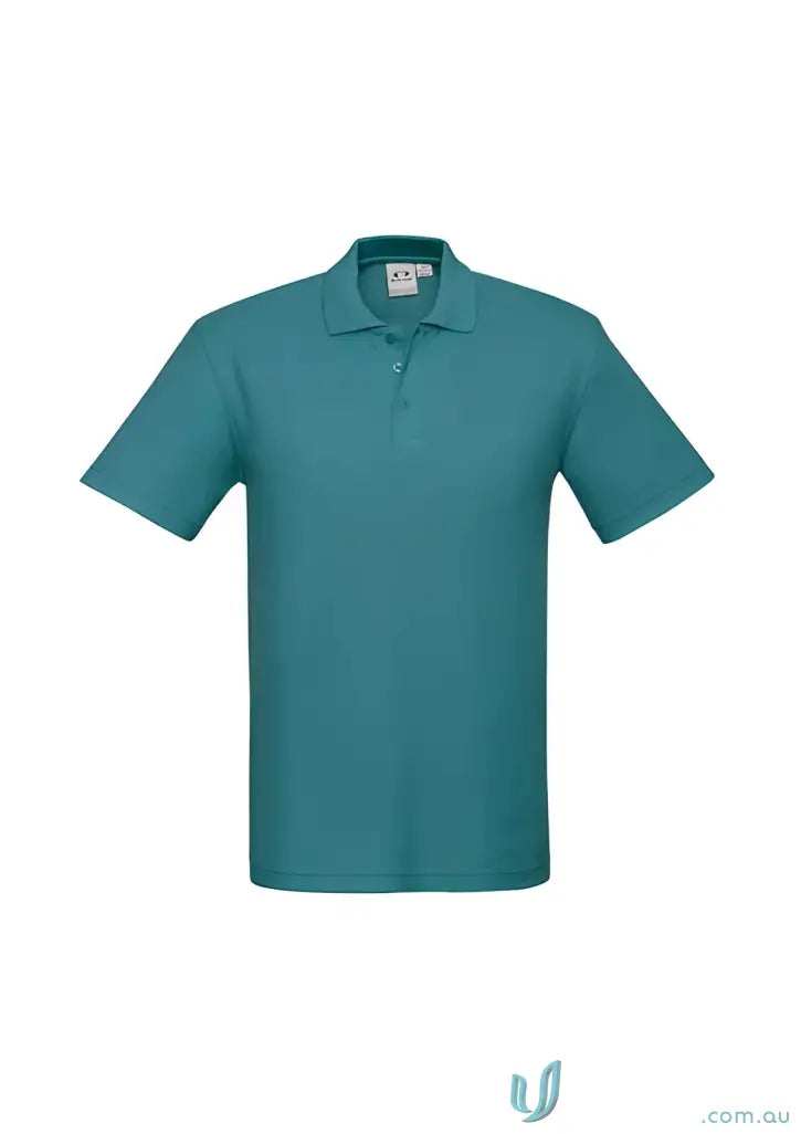 Teal short-sleeved polo shirt with durable top-stitched armholes and twin needle sleeve