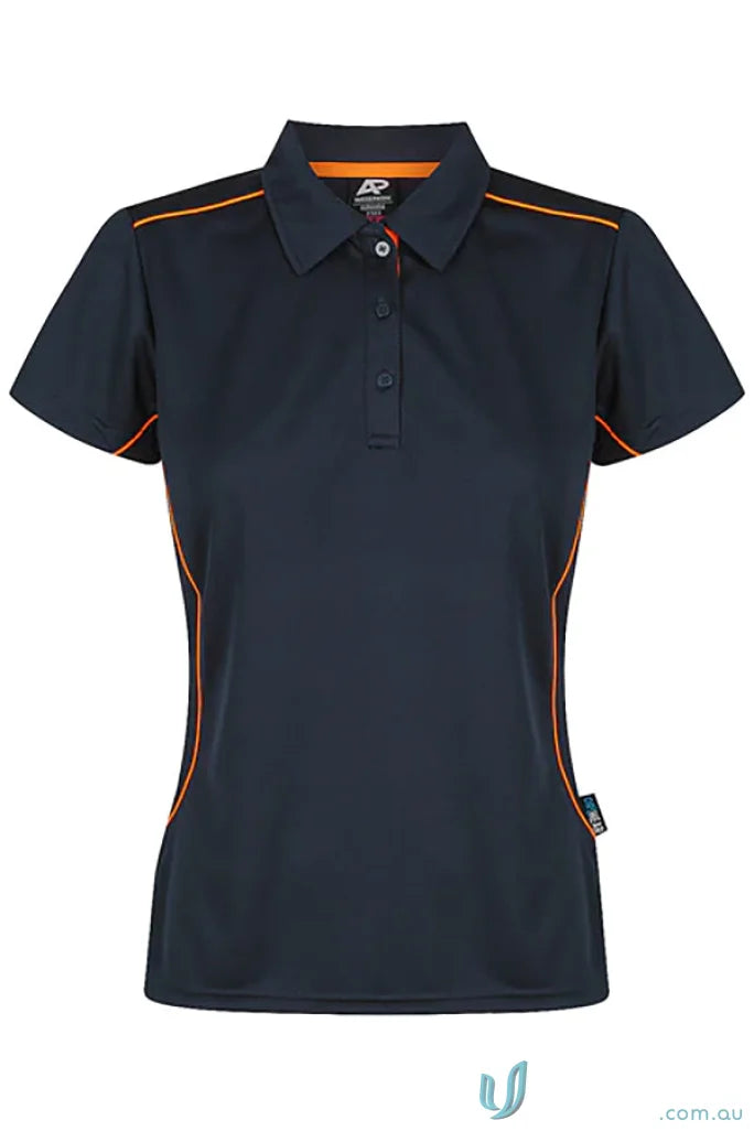 Kuranda Lady Polo with ice hole mesh in dark blue and orange piping for style