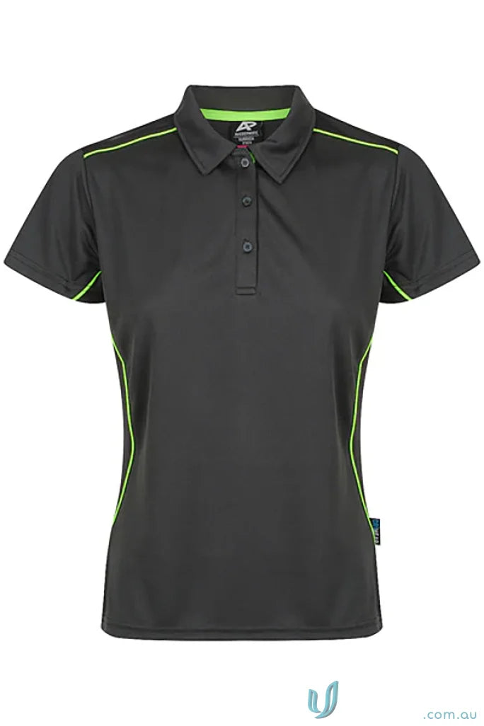 Kuranda Lady Polo with ice hole mesh, dark gray with neon green piping