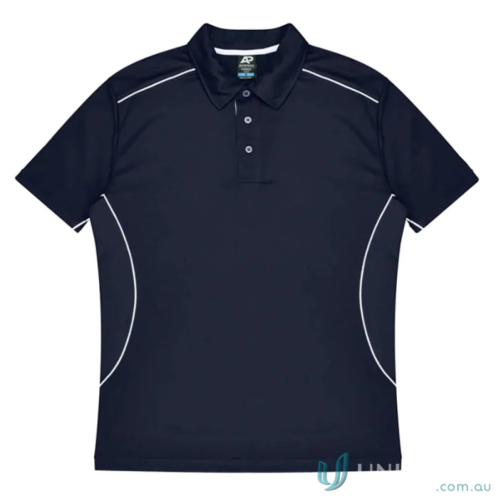 Kuranda Mens Polo shirt with navy blue ice hole mesh and white piping details