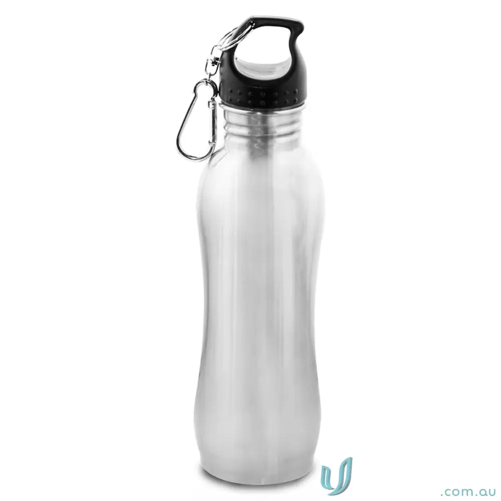 Silver metal water bottle with black cap, Jolla 700ml stainless steel design