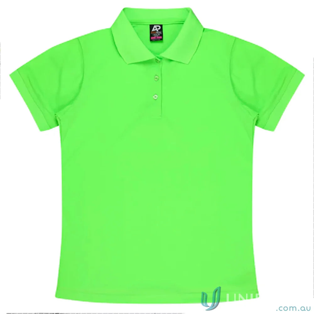 Lachlan Lady Polo in lime green with knitted collar and honeycomb knit, perfect for uniforms