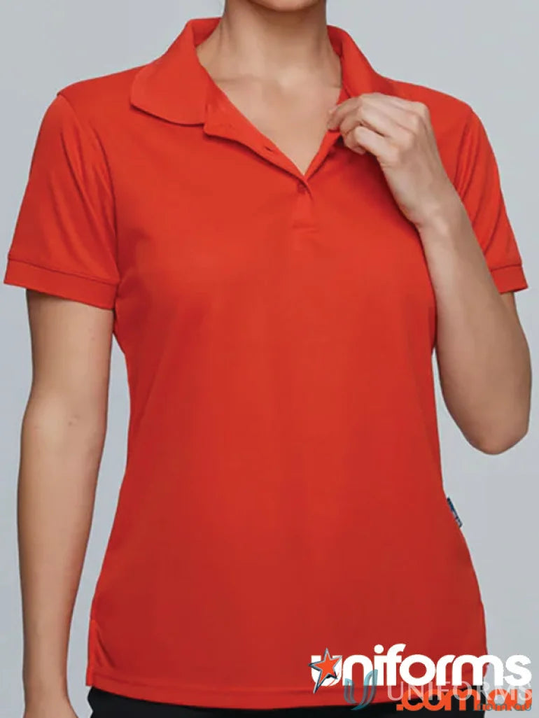 Vibrant red Lachlan Lady Polo with honeycomb knit collar and short sleeves