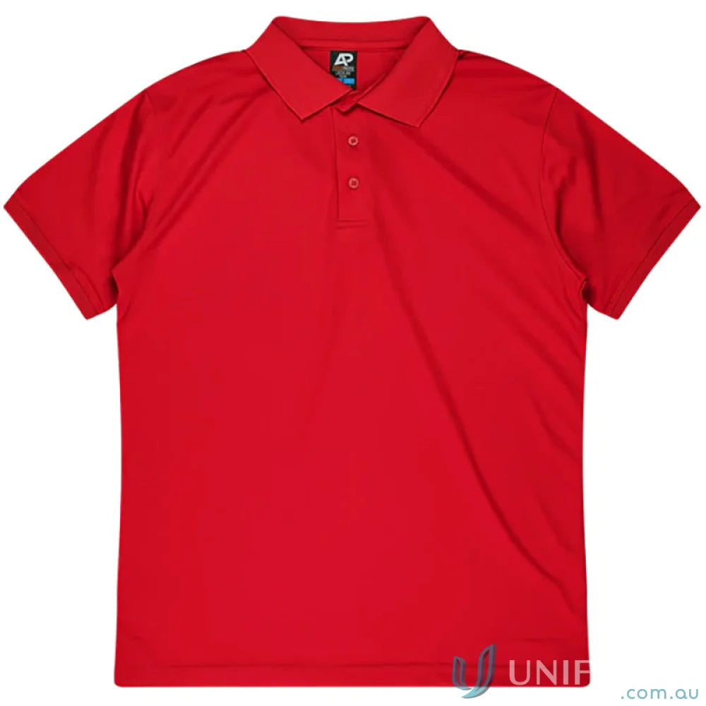 Lachlan Polo in vibrant red honeycomb knit with knitted collar and three-button placket