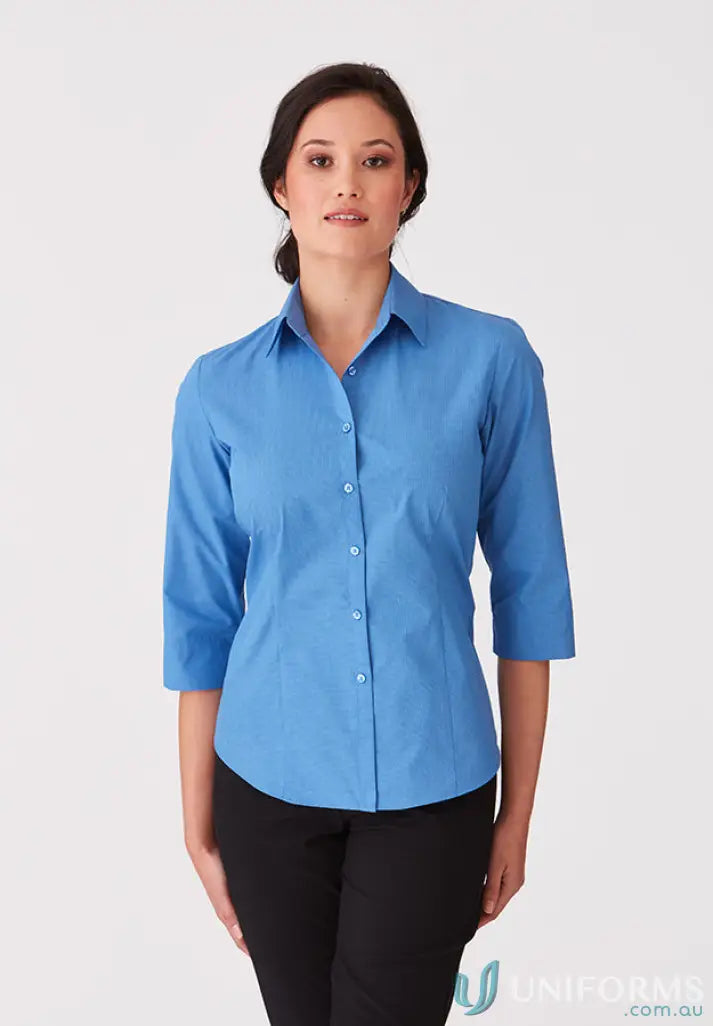 Ladies micro check shirt in blue with premium fabric and three-quarter sleeves