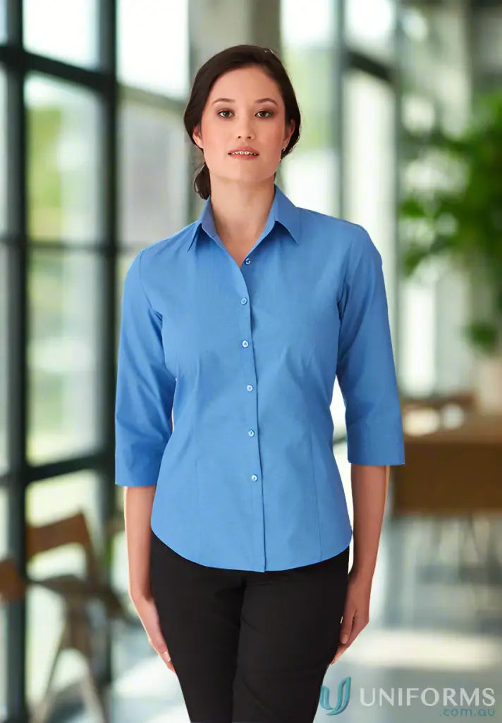 Woman’s blue ladies micro check shirt made from premium fabric in a 3 Qrt style