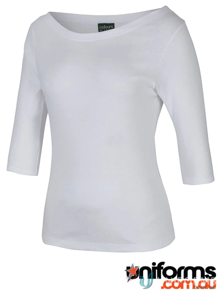 White three-quarter sleeve boat neck tee ideal for workwear and uniforms
