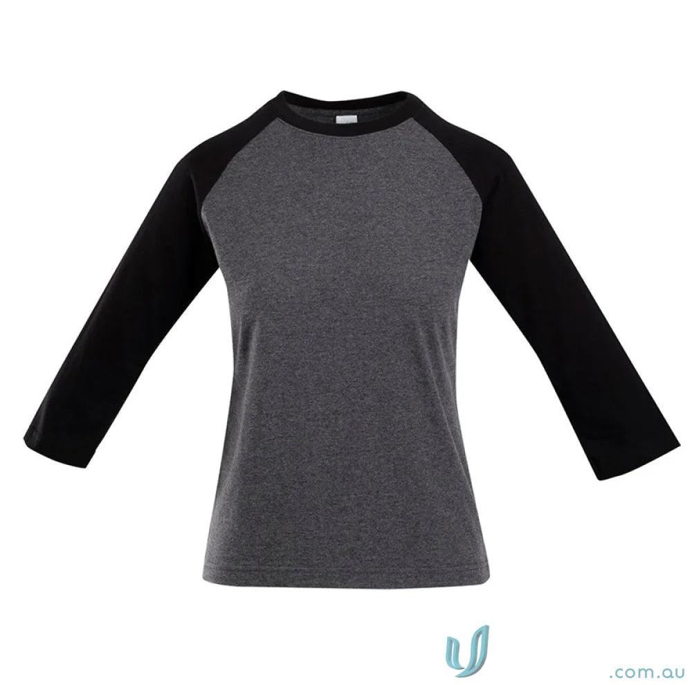 Gray and black raglan shirt from Ladies 3Qtr Raglan Tee, check sizing guide for fit