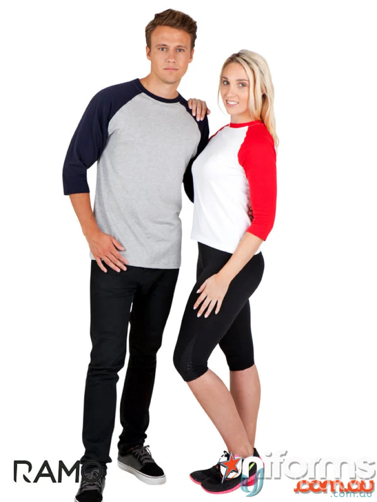 Two people wearing Ladies 3Qtr Raglan Tee, perfect for sizing guide size fit