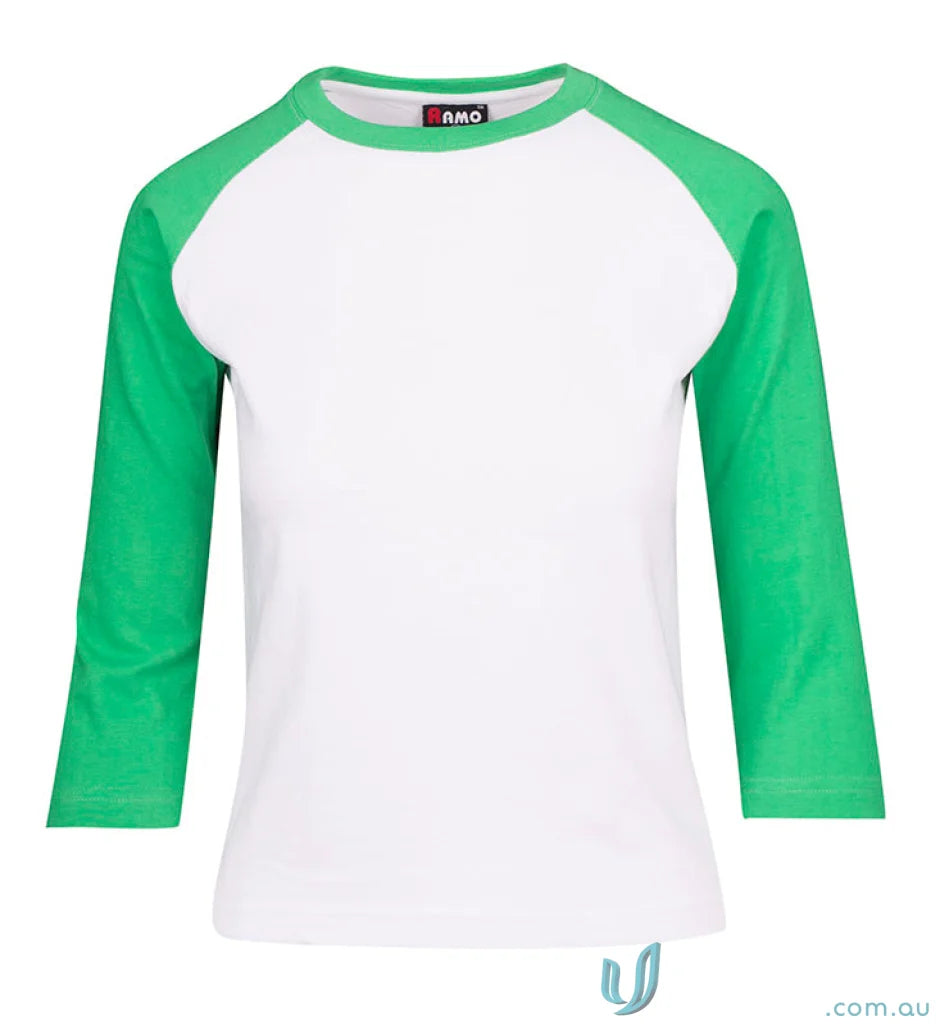 White and green raglan shirt from Ladies 3Qtr Raglan Tee, check sizing guide size