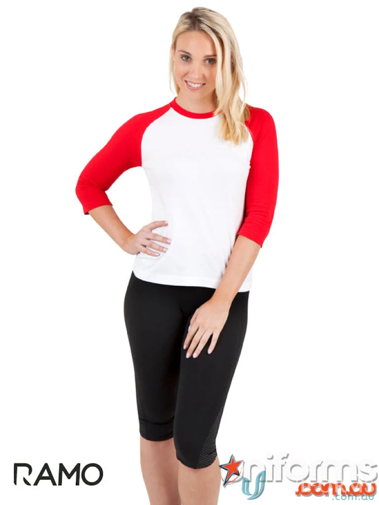Woman wearing Ladies 3Qtr Raglan Tee with white and red design, perfect sizing guide size