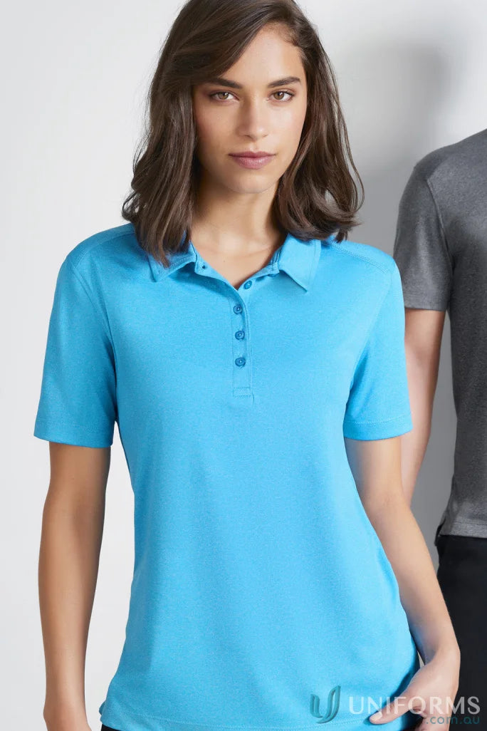 Lady wearing light blue ladies aero polo from Biz Collection Ladies P815LS series