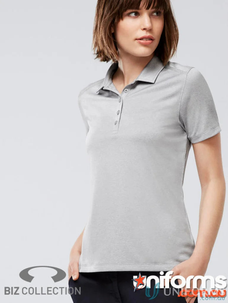 Lady wearing a gray Ladies Aero Polo from Biz Collection Ladies p815ls