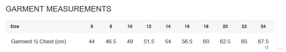 Garment size chart for Ladies Aero Tee from Biz Collection Ladies quality work uniforms