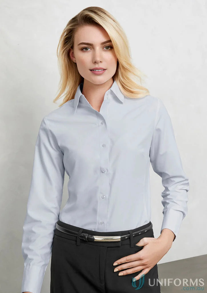 Women’s ambassador long sleeve light blue shirt with black trousers and belt for biz collection ladies