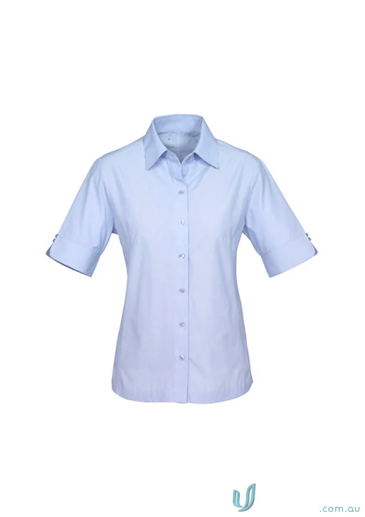 Light blue women’s ambassador short sleeve shirt with rolled cuffs from Biz Collection