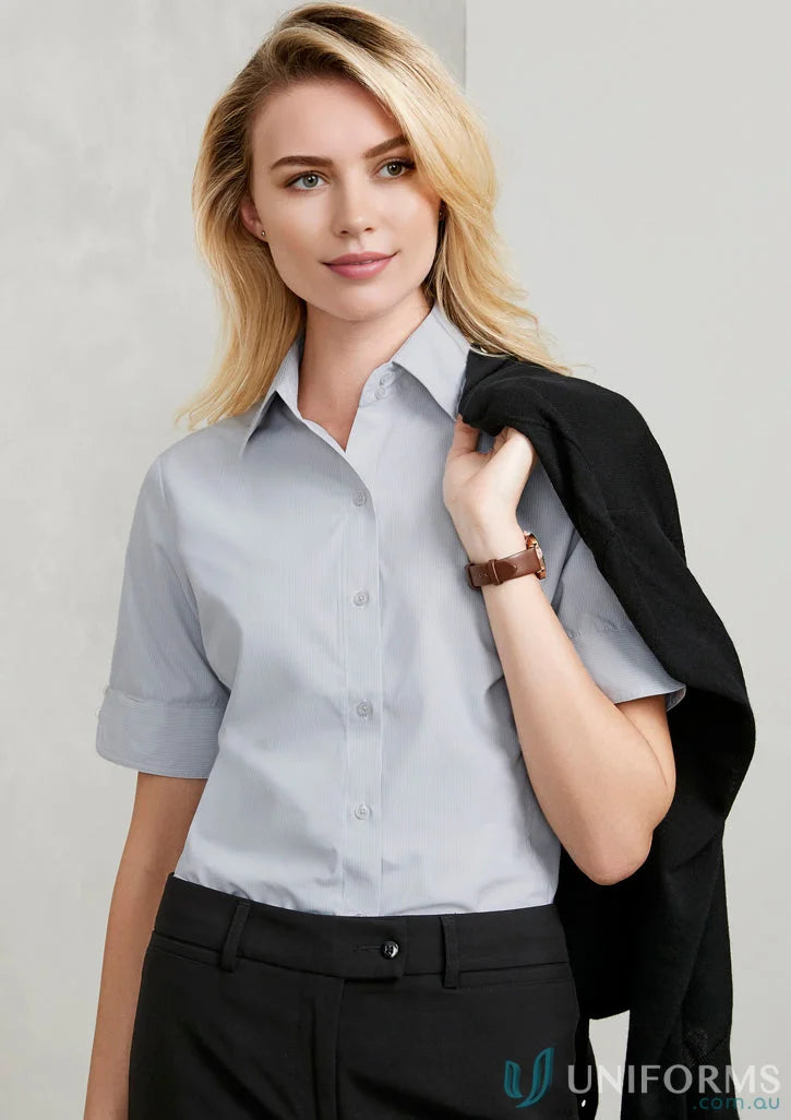 Women’s ambassador biz collection short sleeve shirt in light blue with black blazer