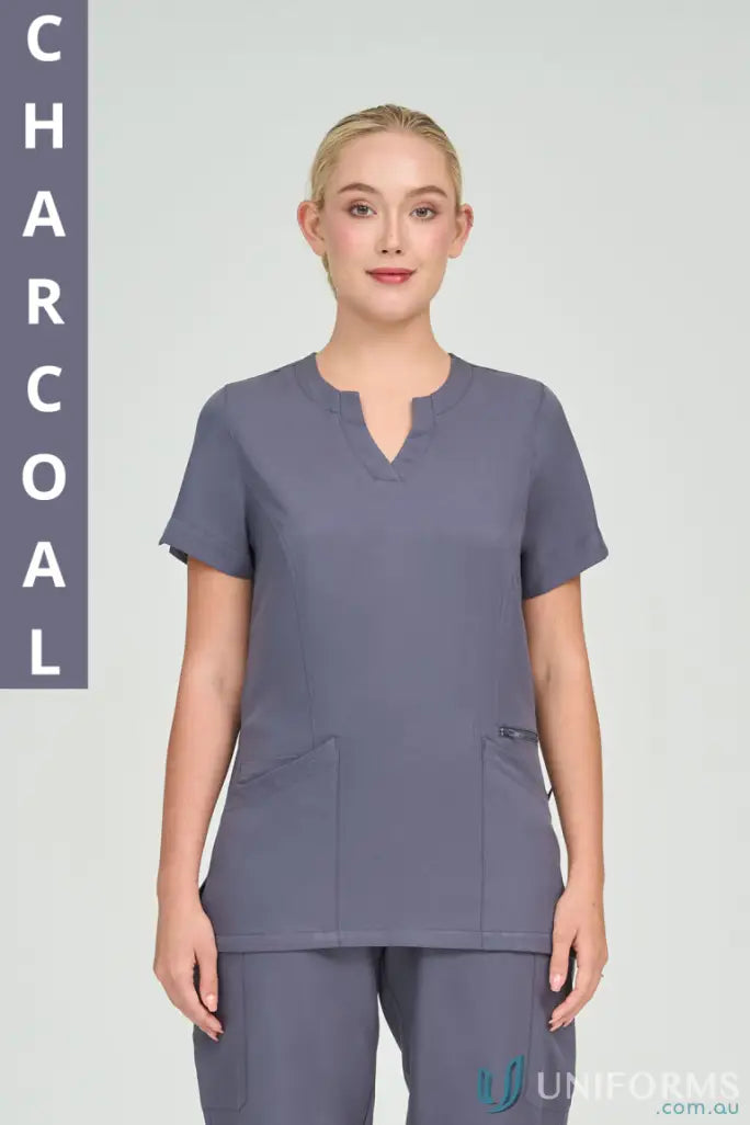 Charcoal-colored Ladies Anna scrub top with princess seams from City Collection Ladies