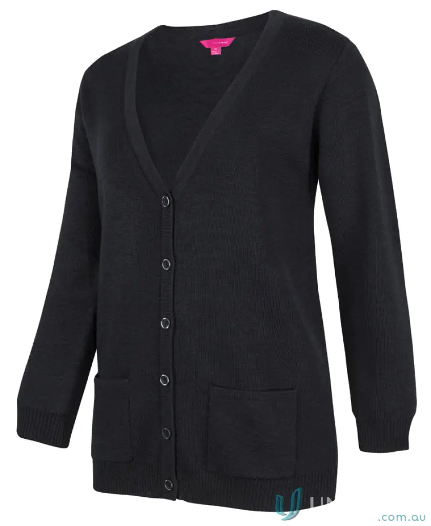 Black ladies anti-bacterial knitted cardigan with v-neck, buttons, and front pockets