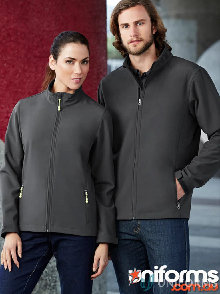 Matching gray women’s apex jacket from Biz Collection Women’s Ladies Apex Softshell lineup