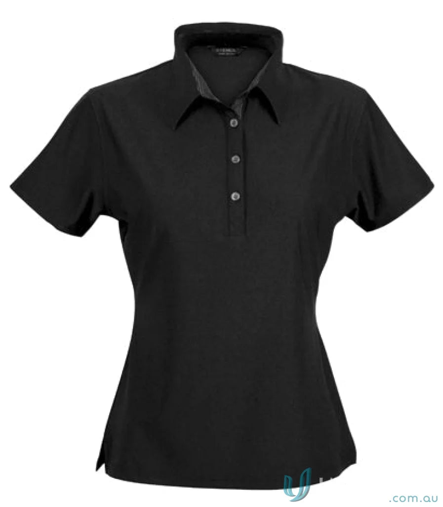 Ladies Argent Polo short-sleeved black shirt with buttons, perfect for uniforms or workwear
