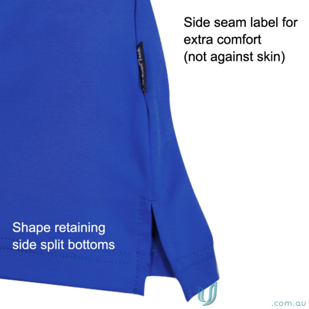 Blue ladies workwear polo with side seam label and split bottoms for uniforms