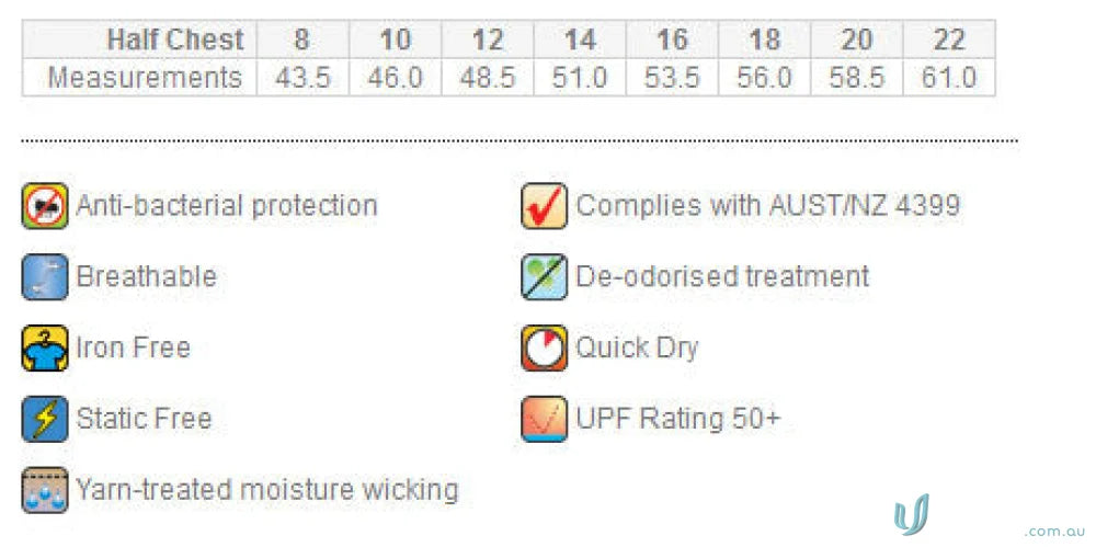 Ladies Argent Polo clothing size chart showing workwear and uniforms features