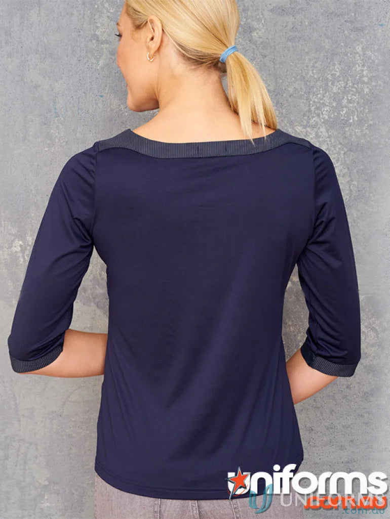 Navy blue three-quarter sleeve top for Ladies Argent Top, perfect for cool dry uniforms and workwear