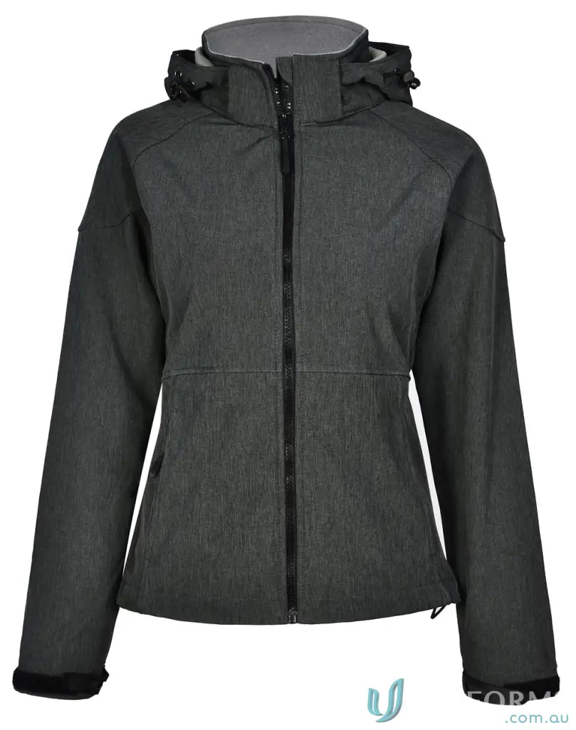 Gray hooded softshell jacket from jk34 Aspen Softshell collection for Ladies Aspen