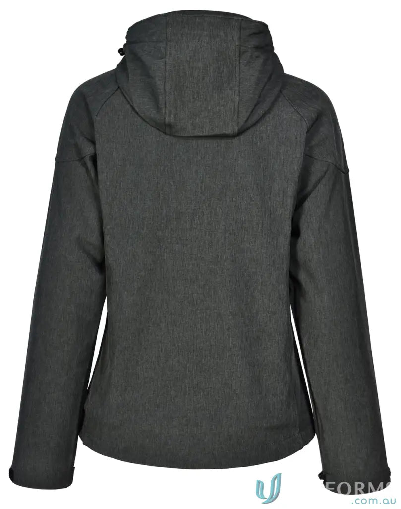 Gray hooded softshell jacket from Ladies Aspen Softshell collection, comfy jk34 aspen softshell gear
