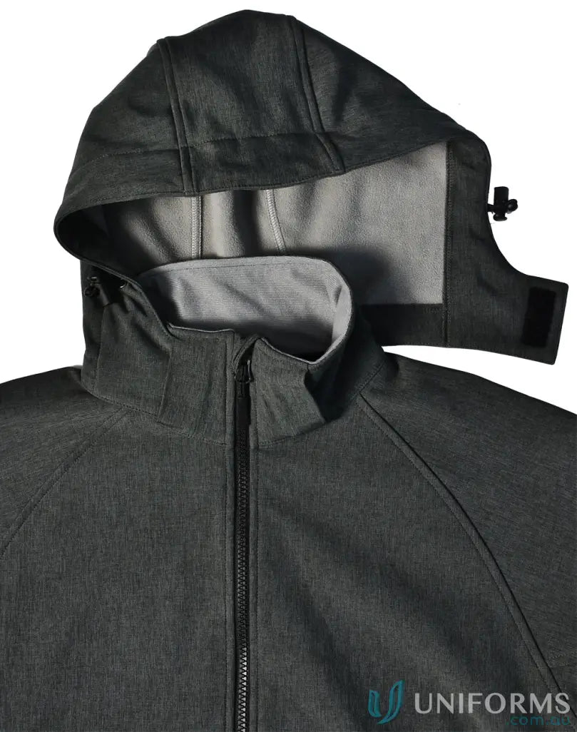 Gray hooded softshell jacket from jk34 Aspen Softshell collection, perfect for Ladies Aspen