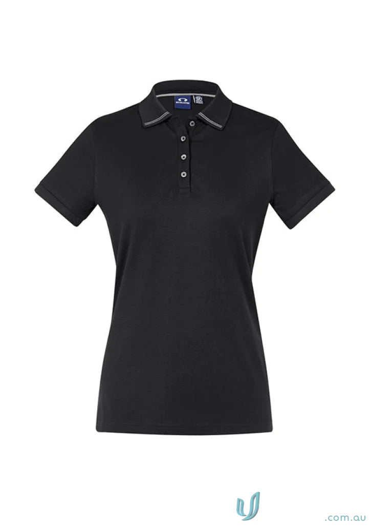 Black women’s polo shirt from Ladies Aston Polo, made in comfy cotton jersey knit