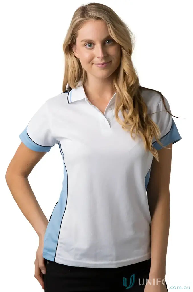 Ladies Auburn Polo with feeling fresh white and blue cooldry micromesh fabric and loose pocket