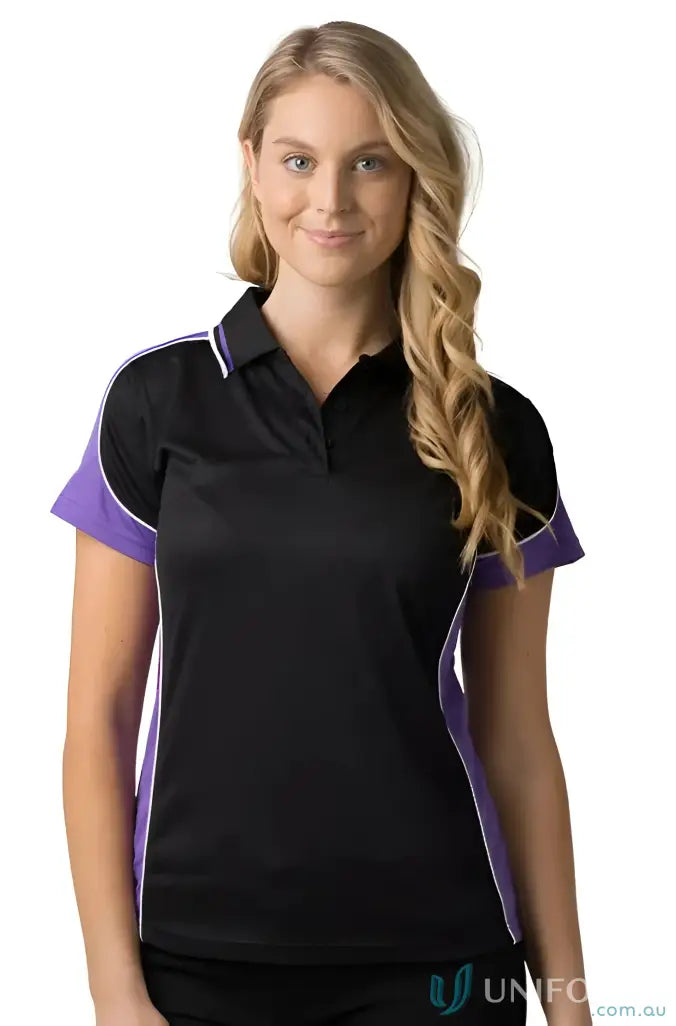 Ladies Auburn Polo woman feeling fresh in black and purple cooldry micromesh shirt