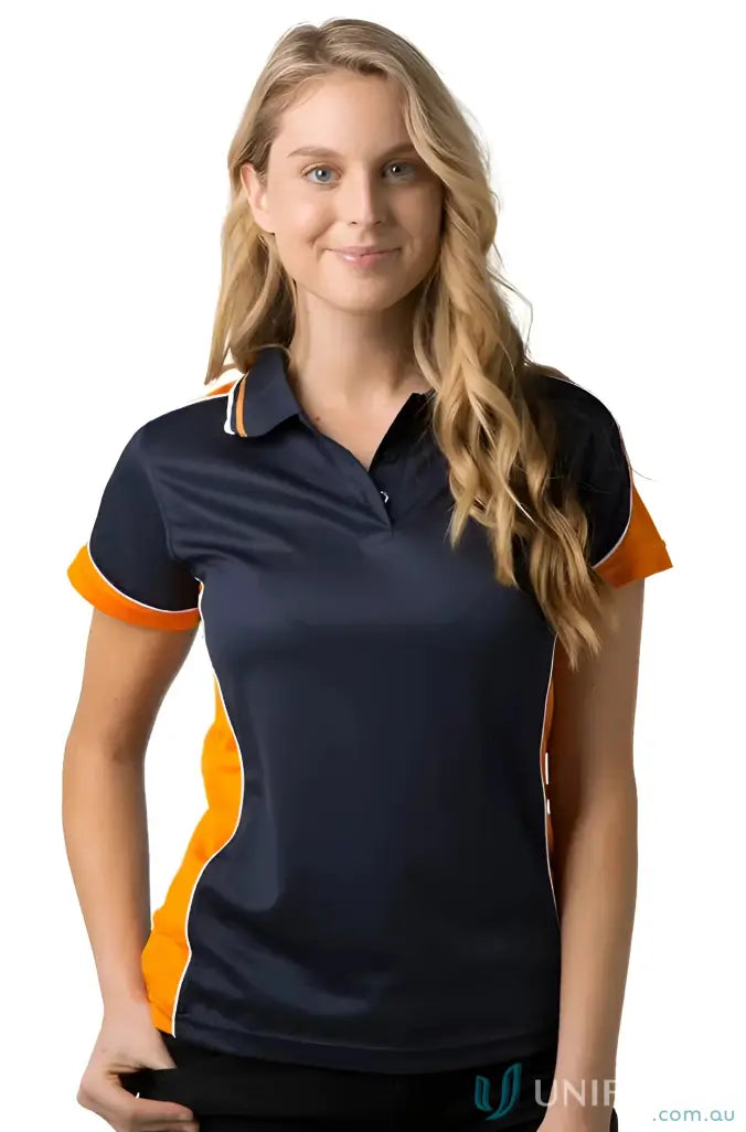 Woman wearing a Ladies Auburn Polo in navy and orange, feeling fresh in cooldry micromesh