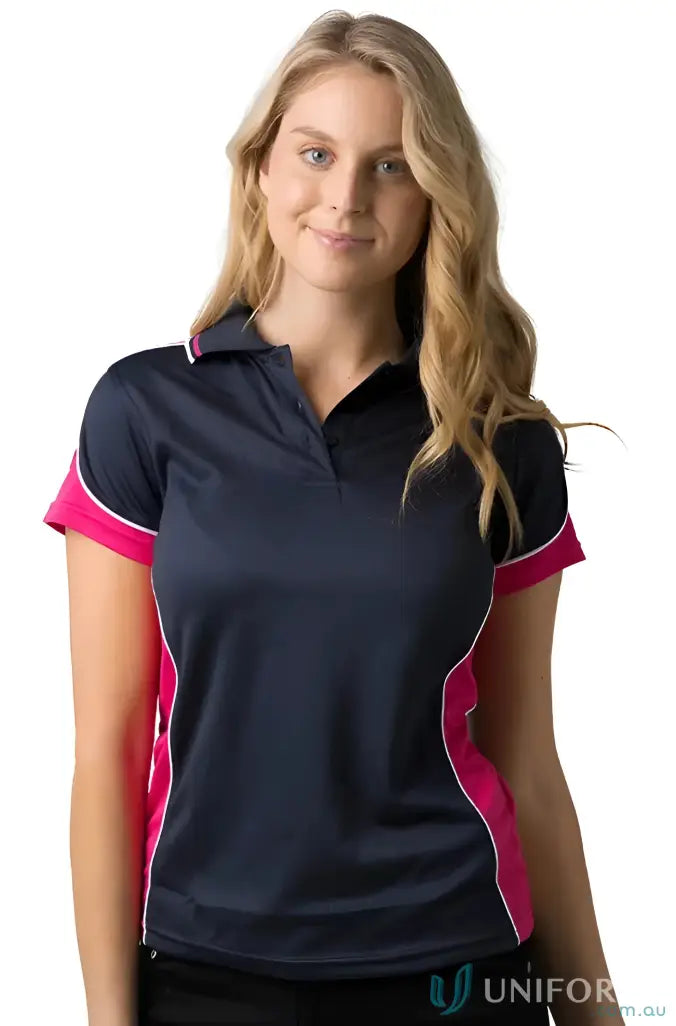 Woman wearing Ladies Auburn Polo in navy and pink, feeling fresh and cooldry micromesh