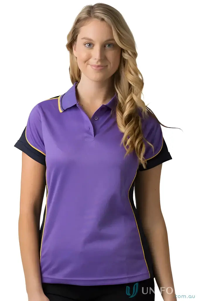 Lady wearing a purple and black Ladies Auburn Polo in cooldry micromesh fabric