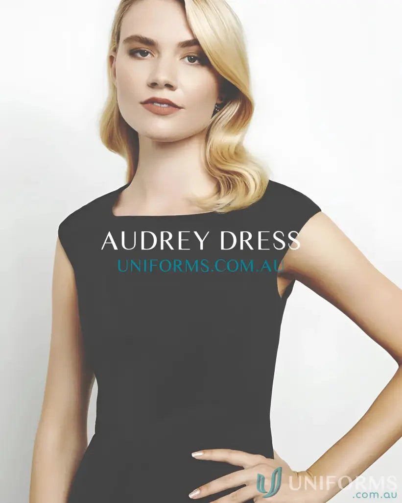 Ladies Audrey Dress with boat neckline and all-day comfort in black short-sleeve style