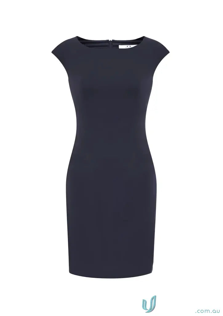 Ladies Audrey Dress navy blue sheath with boat neckline and all-day comfort