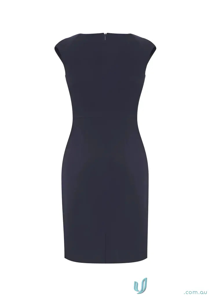 Ladies Audrey Dress navy blue sheath with boat neckline, perfect for all-day comfort